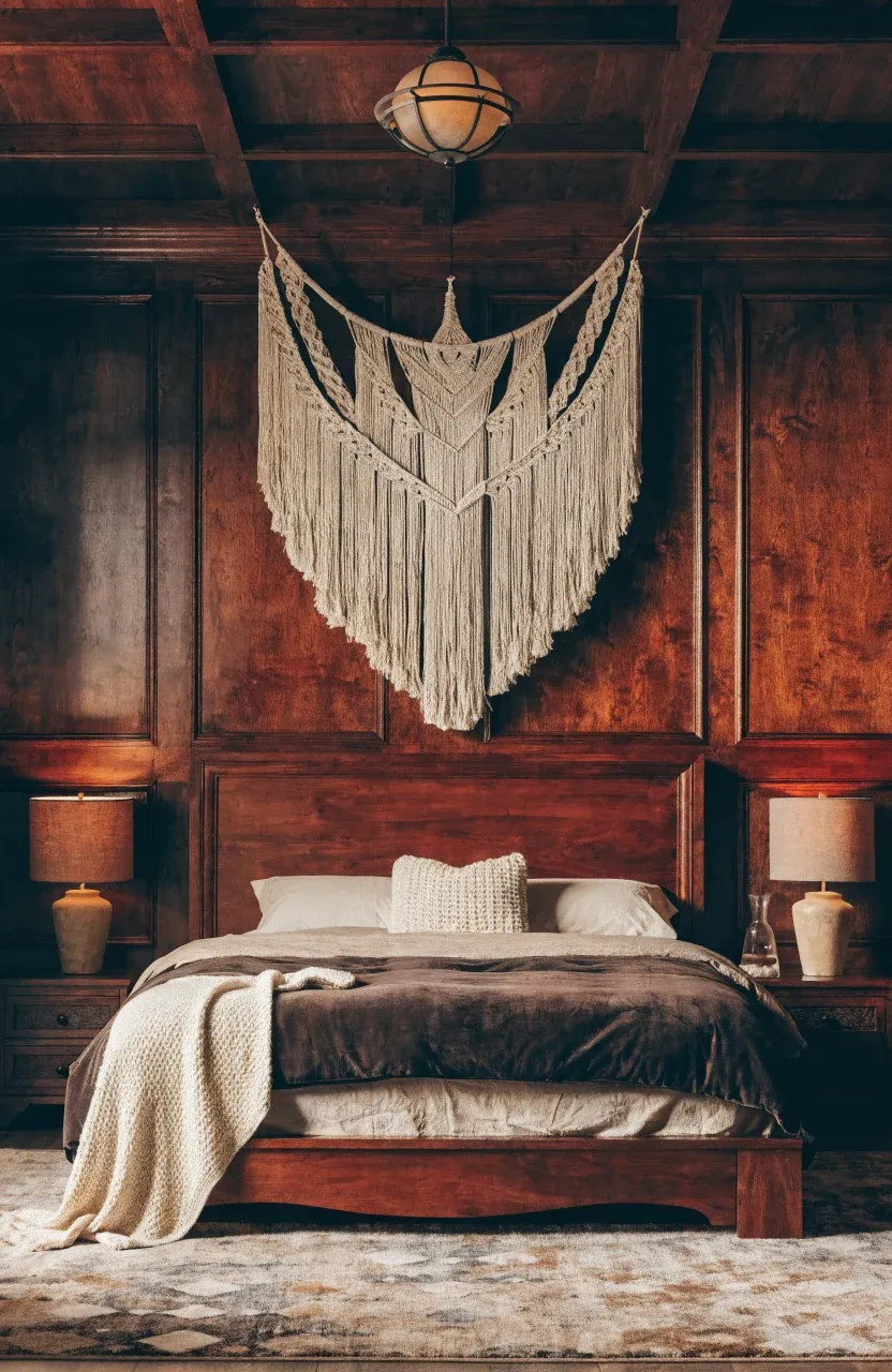 A cream macrame wall hanging displayed on a dark mahogany paneled bedroom wall.