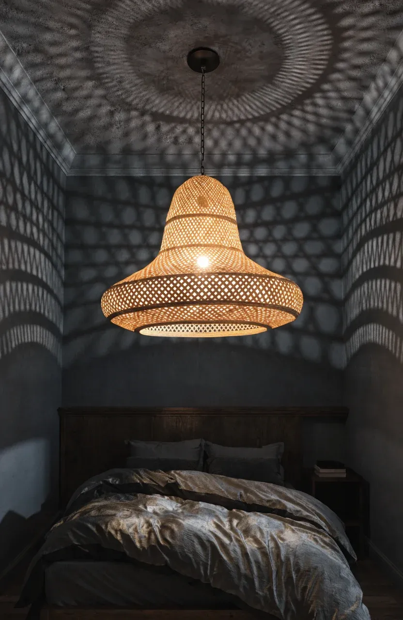 A honey-colored rattan pendant light glowing against dark charcoal bedroom walls.