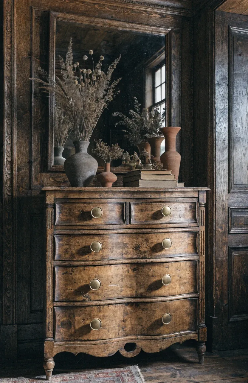 A dark distressed oak dresser with aged brass knobs in a rustic boho bedroom.