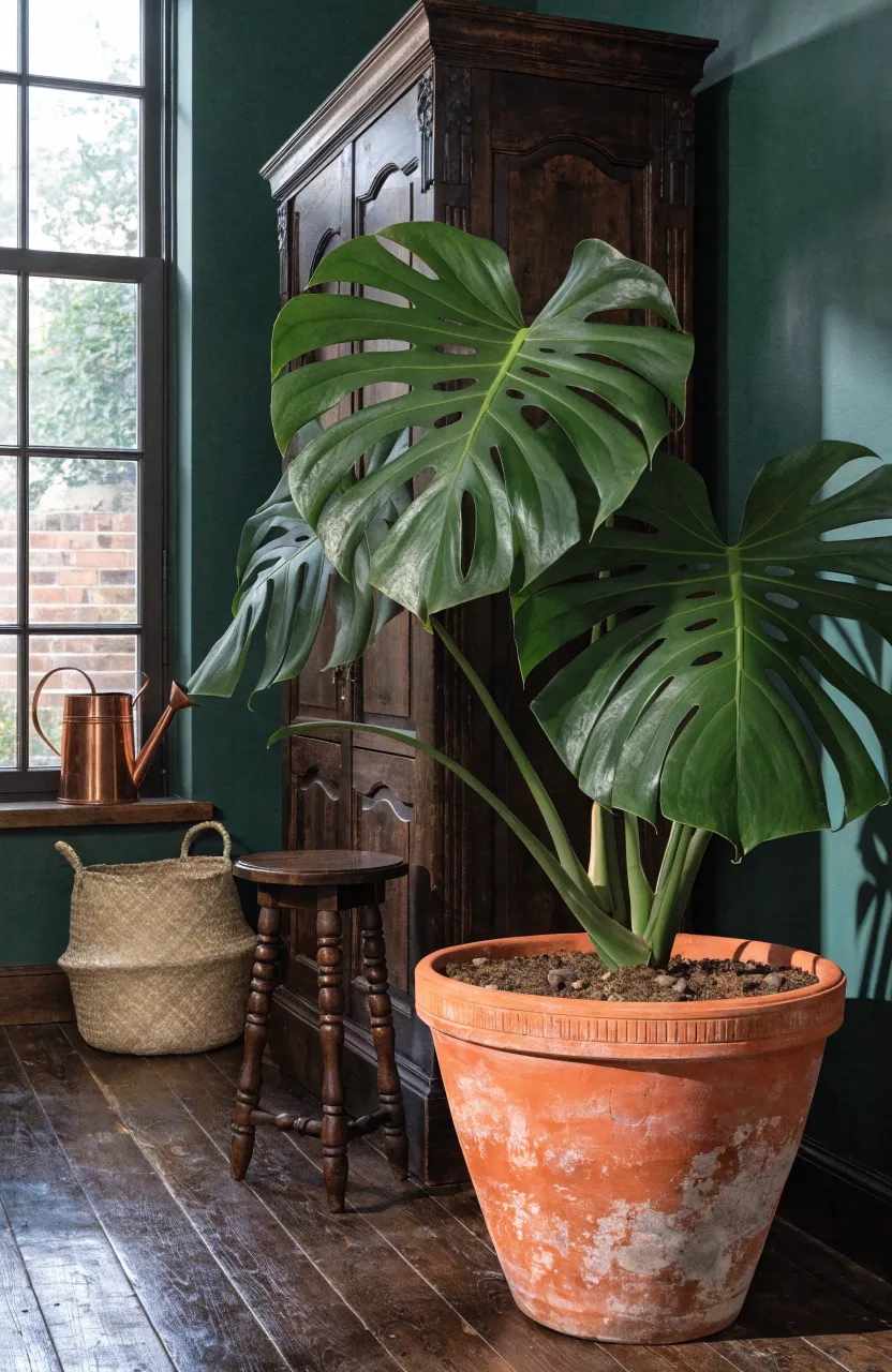 A large Monstera plant in a terracotta pot next to dark wood bedroom furniture.