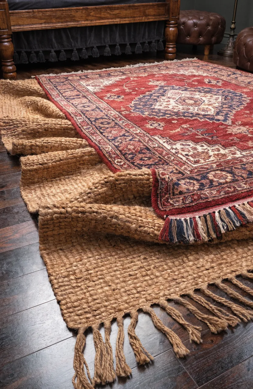 Layered jute and Persian rugs on a dark hardwood bedroom floor.