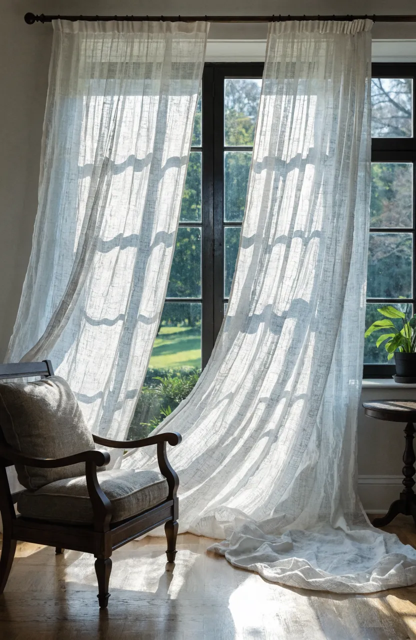 Sheer white curtains hanging from a dark wood rod in a sunlit bedroom.