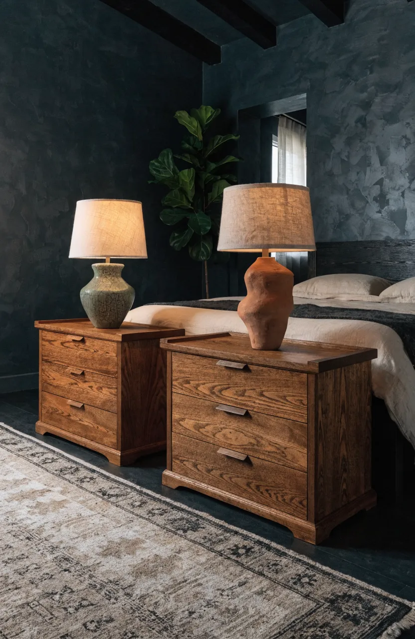 A dark wood bedroom with teak nightstands featuring mismatched sage and terracotta ceramic lamps.