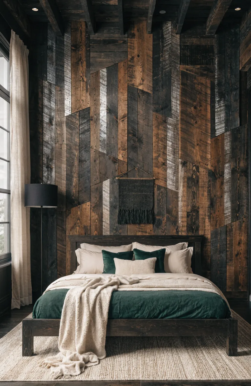 A bedroom featuring a dark reclaimed barn wood accent wall behind a minimalist bed.