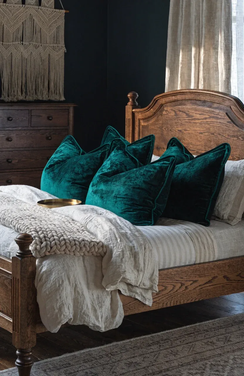 Emerald velvet pillows on a dark wood bed within a moody boho bedroom.