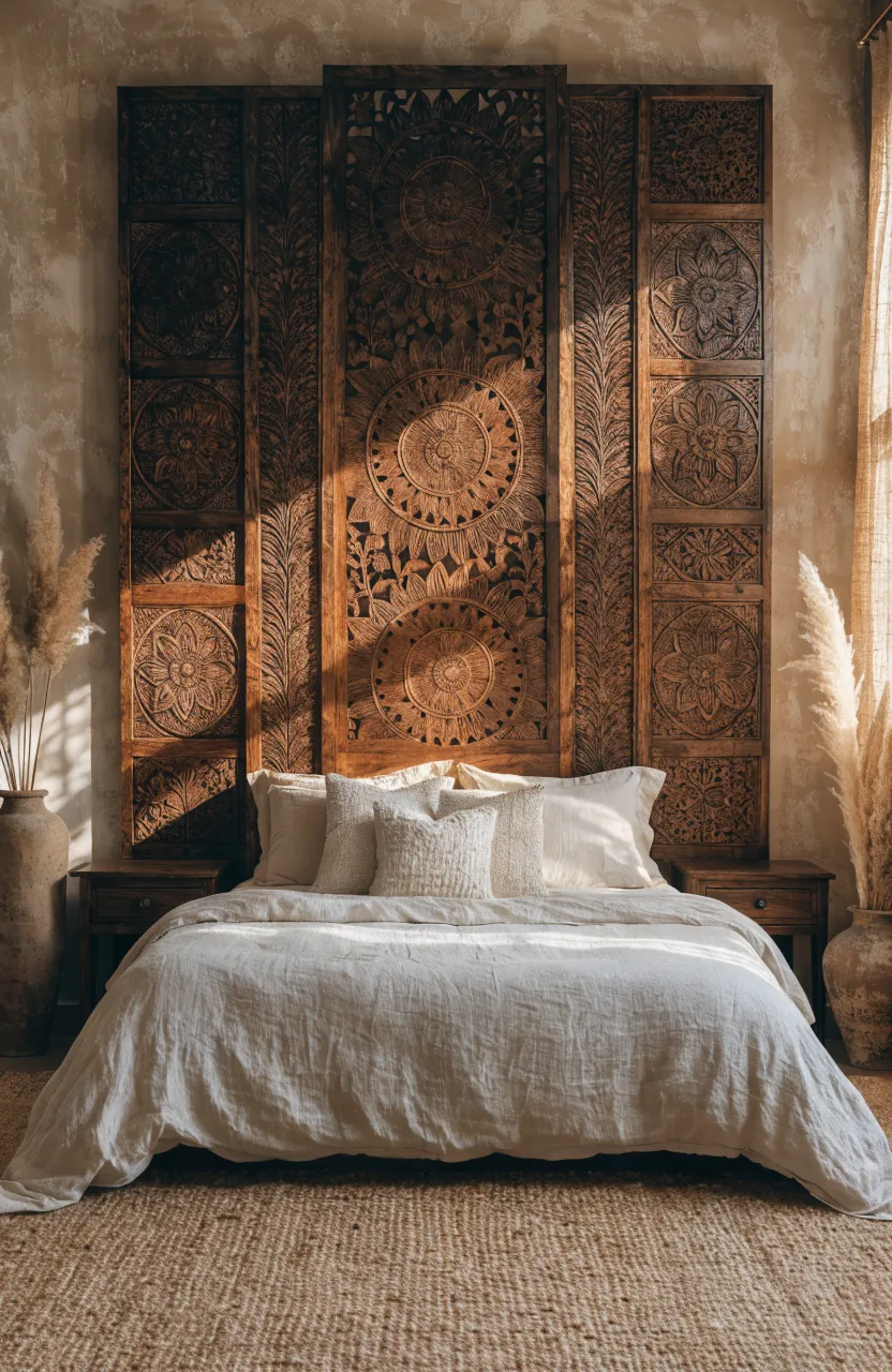 An intricately carved dark wood headboard in a warm, boho-styled bedroom.