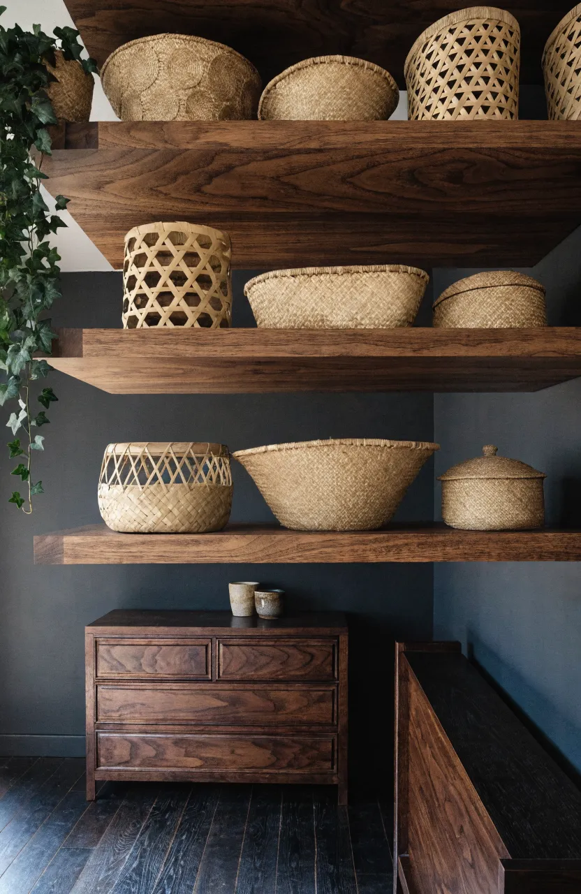 Dark wood floating shelves with vintage woven baskets on a charcoal bedroom wall.