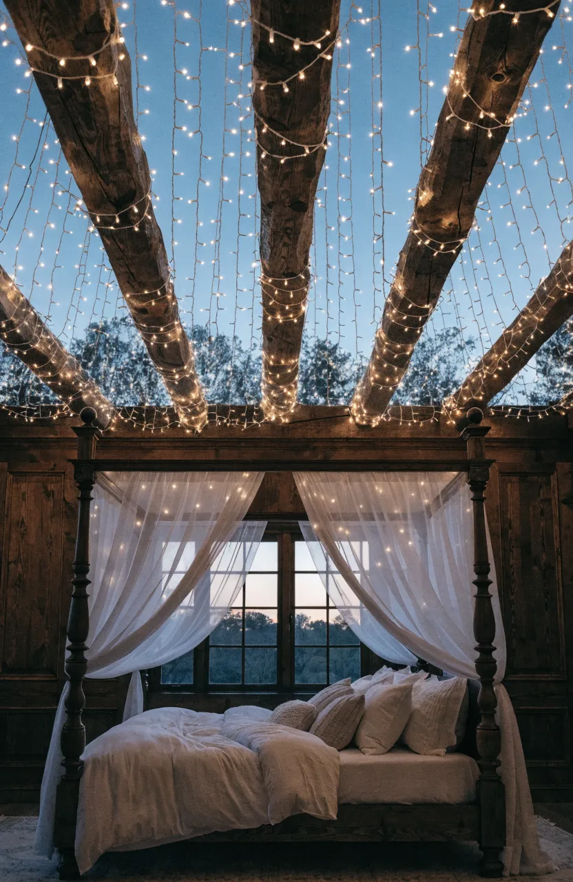 Warm string lights draped over dark timber ceiling beams in a cozy boho bedroom.