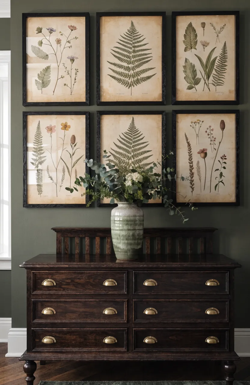 A gallery wall of botanical prints in black frames above a dark wood dresser.