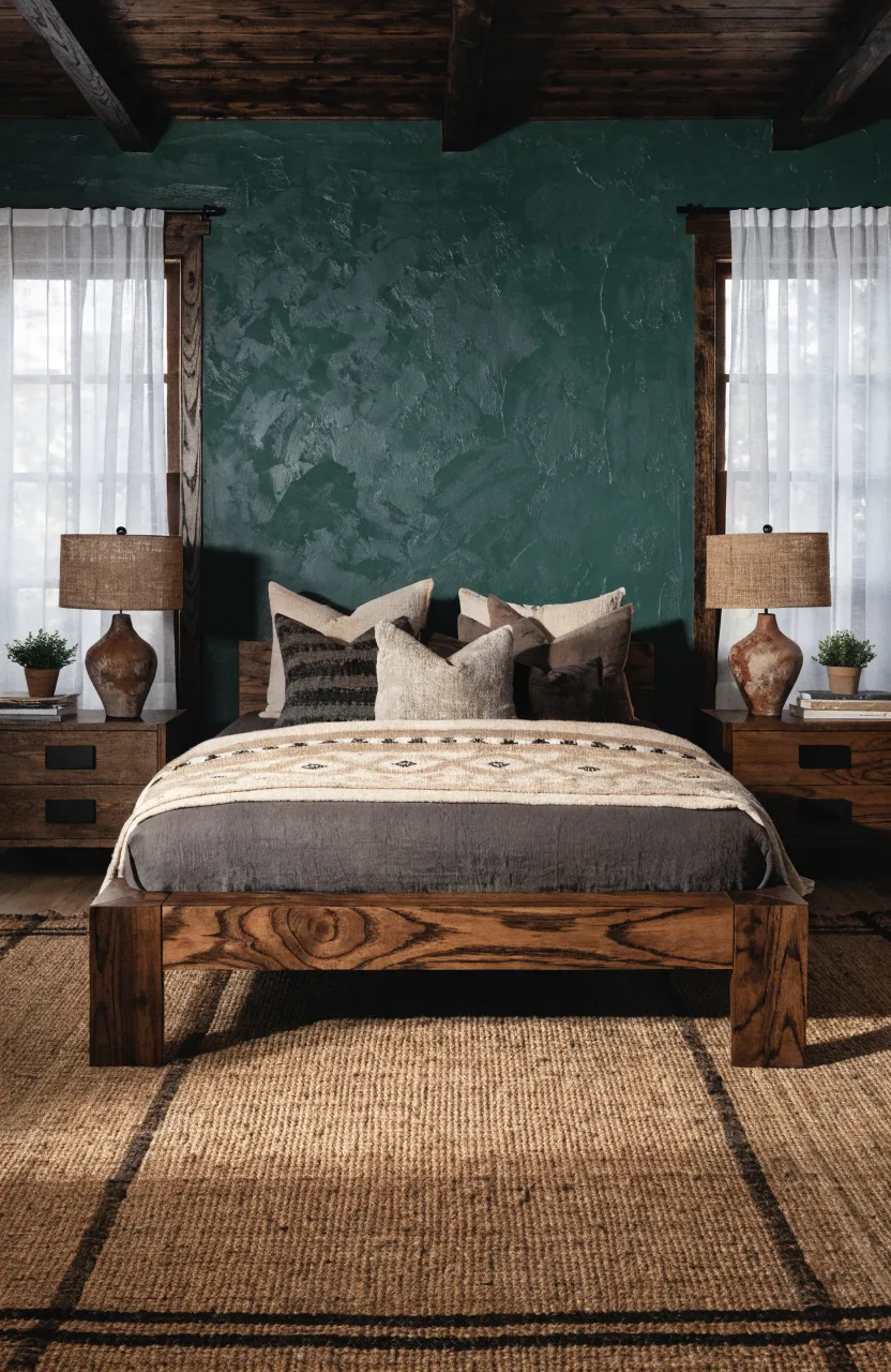 A low-profile dark acacia wood platform bed in a moody boho bedroom with green walls.