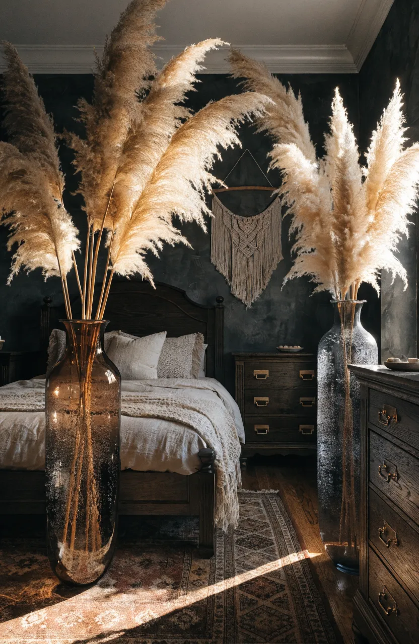 Tall feathery pampas grass in dark glass vases on a dresser in a dark wood bedroom.