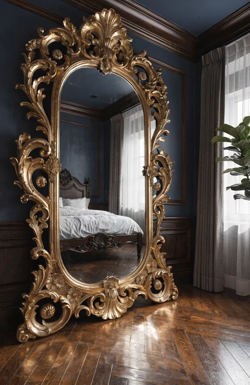 A large gold ornate mirror leaning against dark wood trim in a moody boho bedroom.