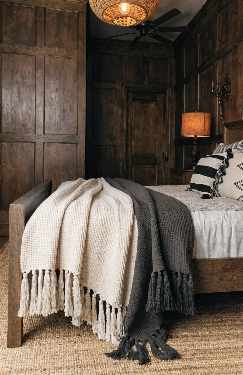 Cream and charcoal fringe-trimmed blankets draped over a dark wood bed frame.