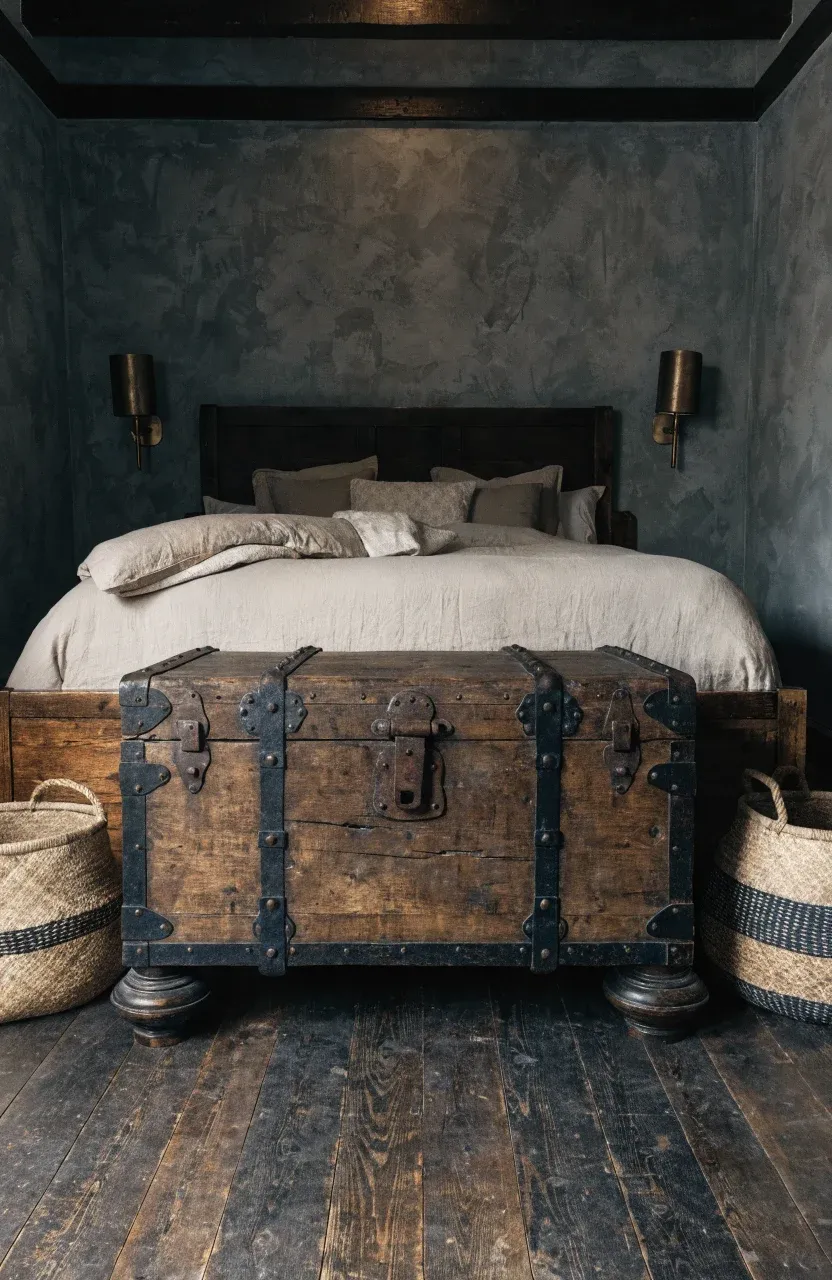 An antique dark wood trunk with iron latches at the foot of a bed in a boho bedroom.