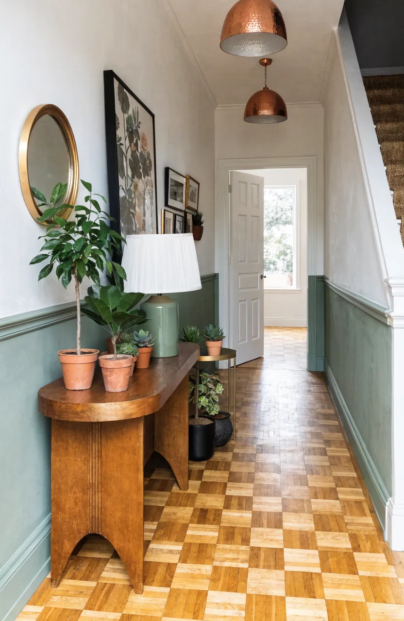 A narrow flat hallway with sage green and off-white two-tone walls and mid-century modern furniture.
