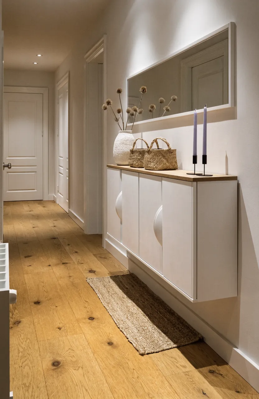 Minimalist Scandinavian hallway featuring a white wall-mounted shoe cabinet and a large horizontal mirror.