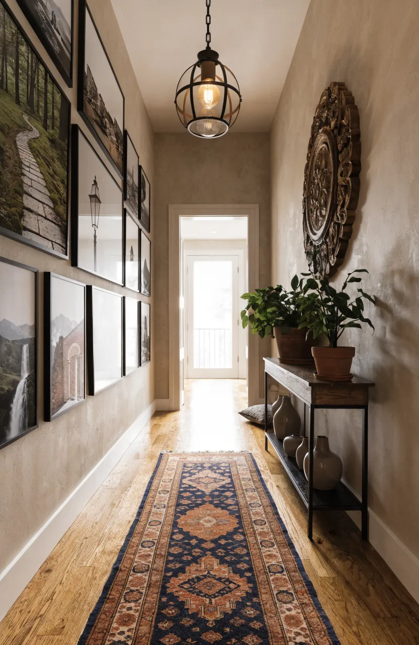 Sophisticated long hallway with a gallery wall of framed prints and a traditional Persian-style runner.