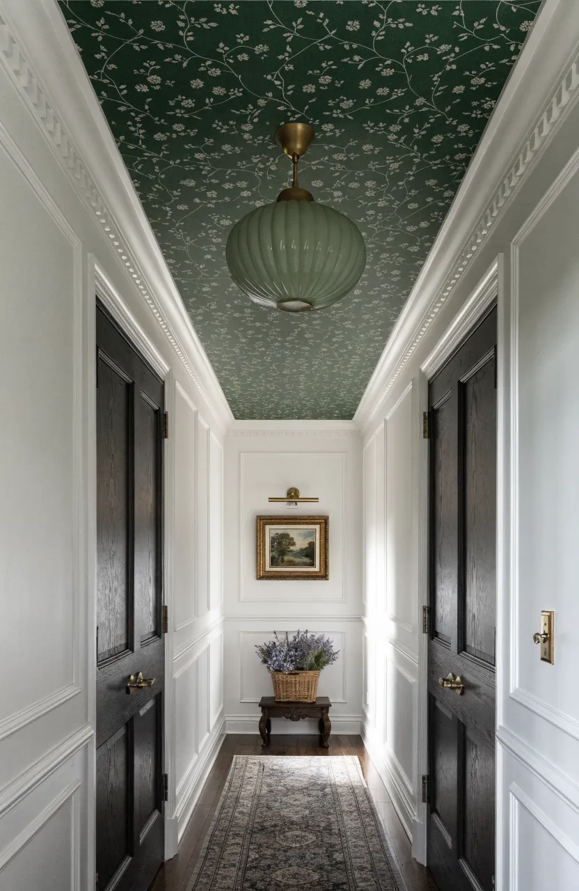 Narrow hallway featuring a green floral wallpapered ceiling and dark charcoal doors.