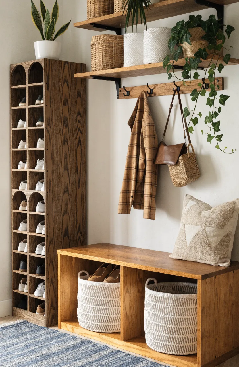 Highly organized small mudroom area with a wooden shoe rack and peg rail.
