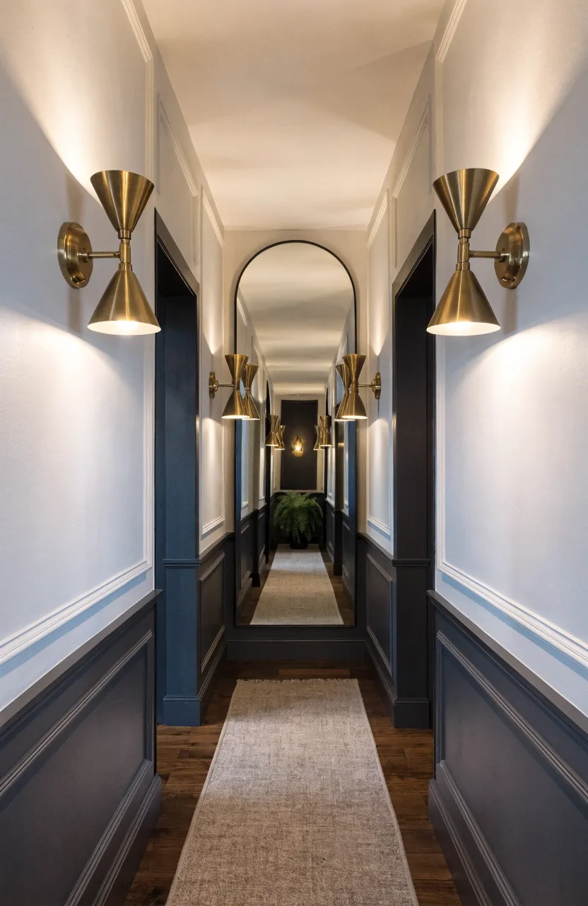 Symmetrical narrow hallway with charcoal grey wainscoting and large arch-topped mirrors.