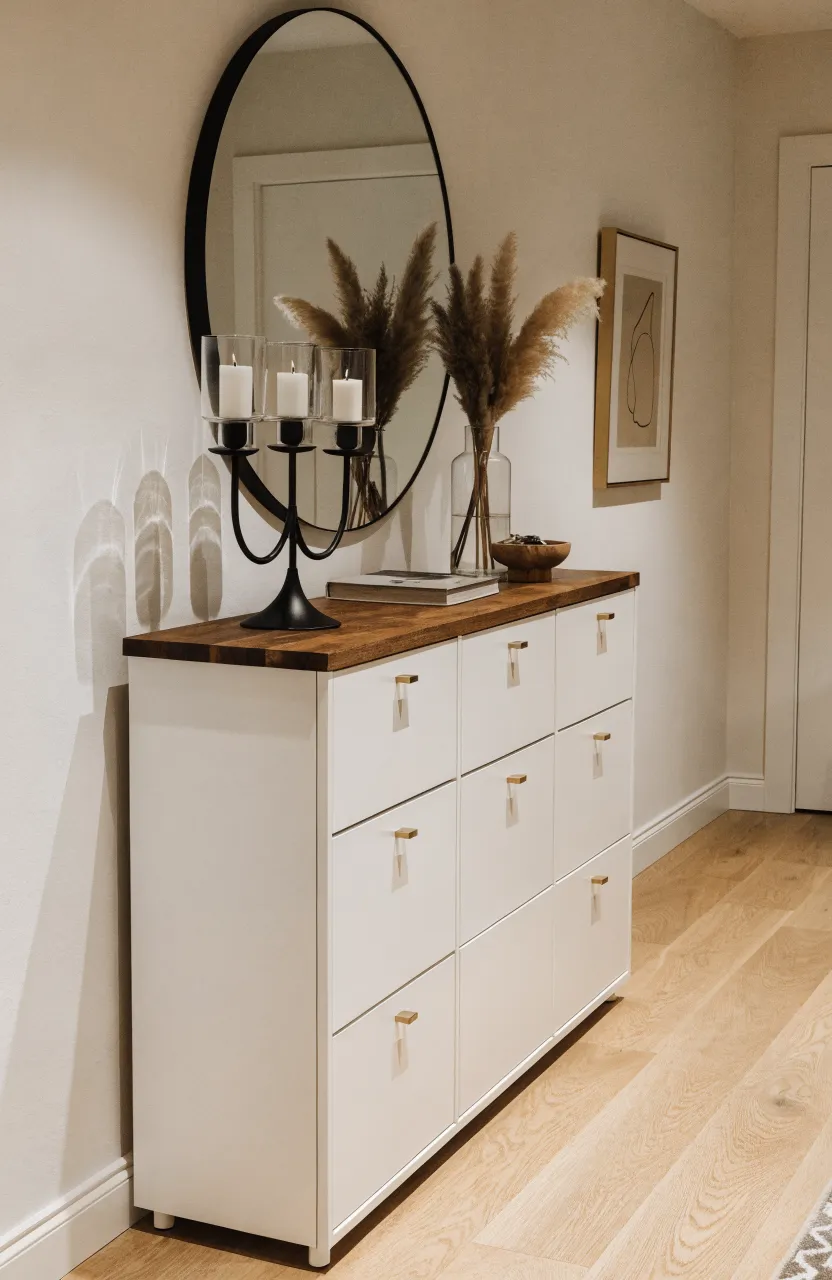 White minimalist shoe cabinet with a dark wood topper and a large round mirror.