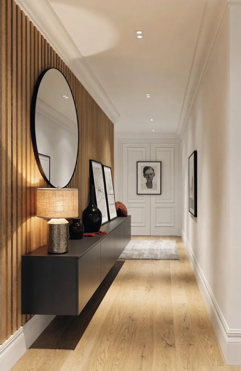 Minimalist hallway with light oak slat paneling and a floating black console.