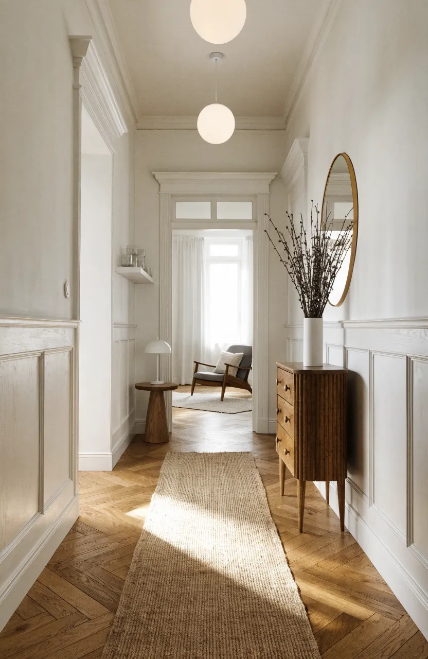 Bright Scandinavian hallway with white wainscoting and warm oak herringbone flooring.