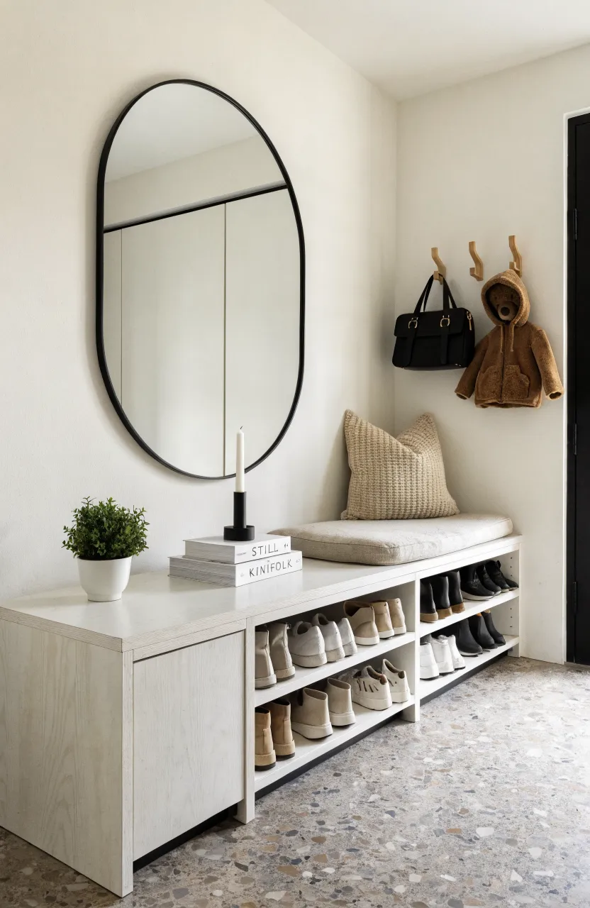 Modern entryway featuring a built-in white bench with shoe shelves and terrazzo stone floor.