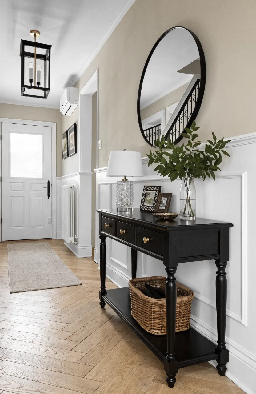 Bright hallway with high-end wall paneling and a sleek black wooden console table.