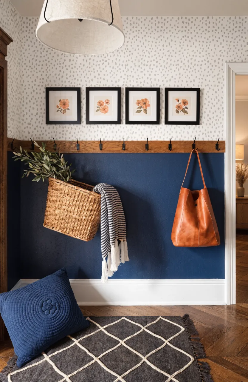 Entryway with navy blue lower wall, white patterned wallpaper above, and a wood peg rail.