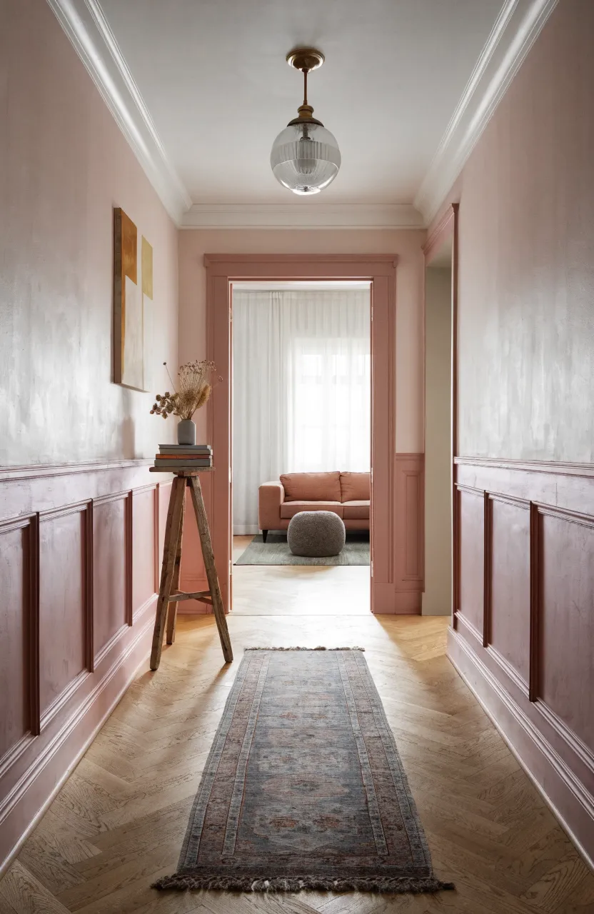 Elegant hallway with dusty rose wainscoting and light oak herringbone floors.