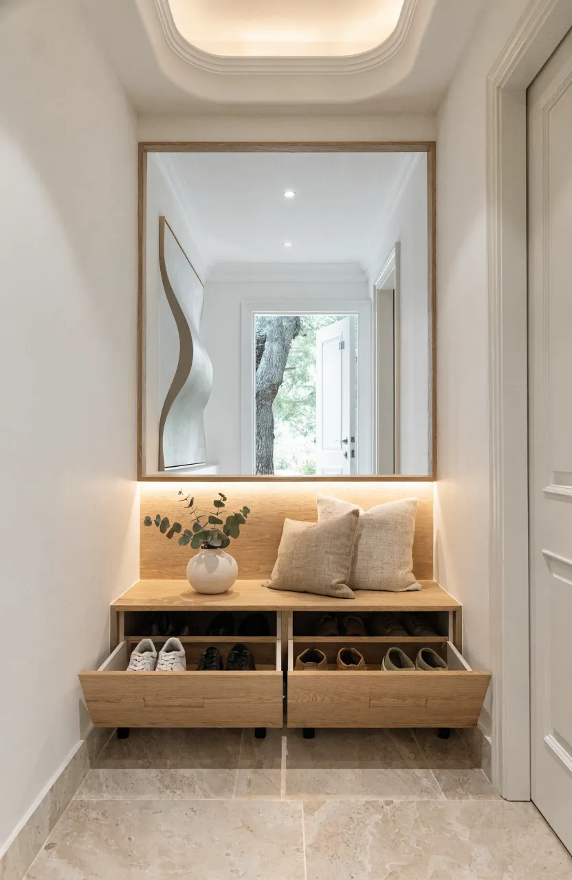 Minimalist hallway with a recessed light oak storage bench and abstract wall art.