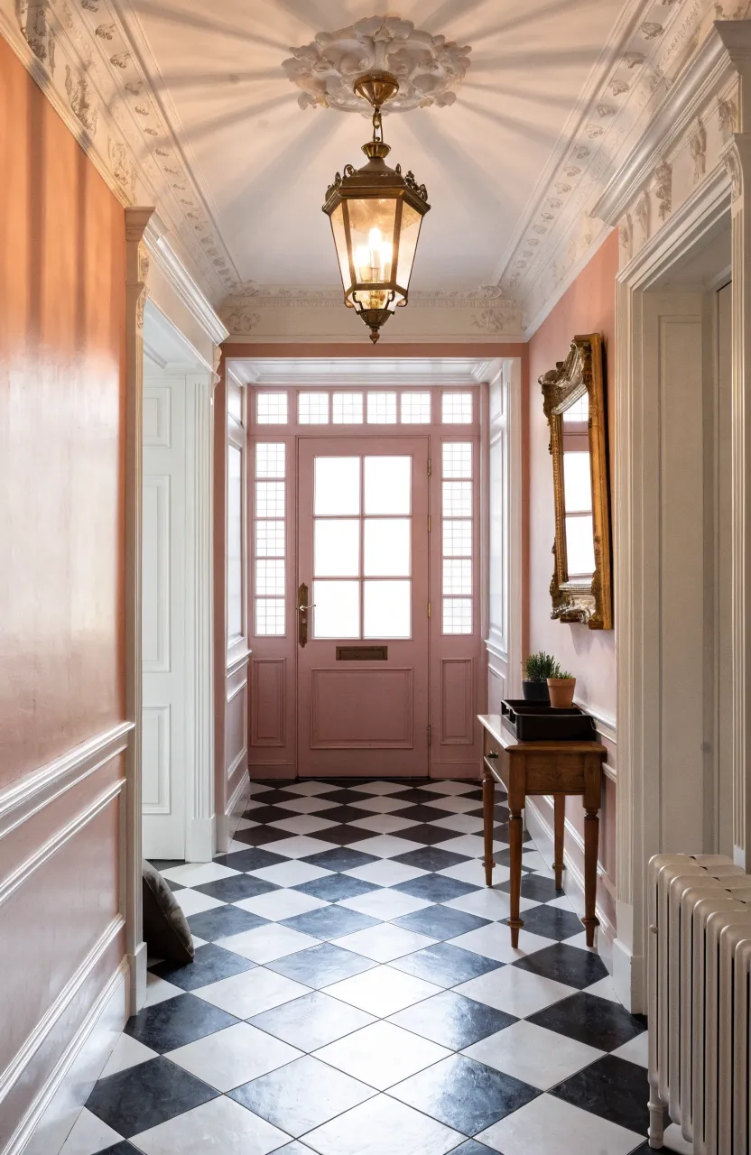 Victorian hallway with a black and white checkered floor and a dusty rose front door.