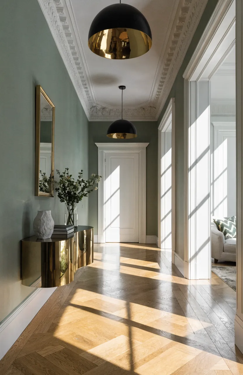 Contemporary hallway with matte sage green walls and a floating brass console table.