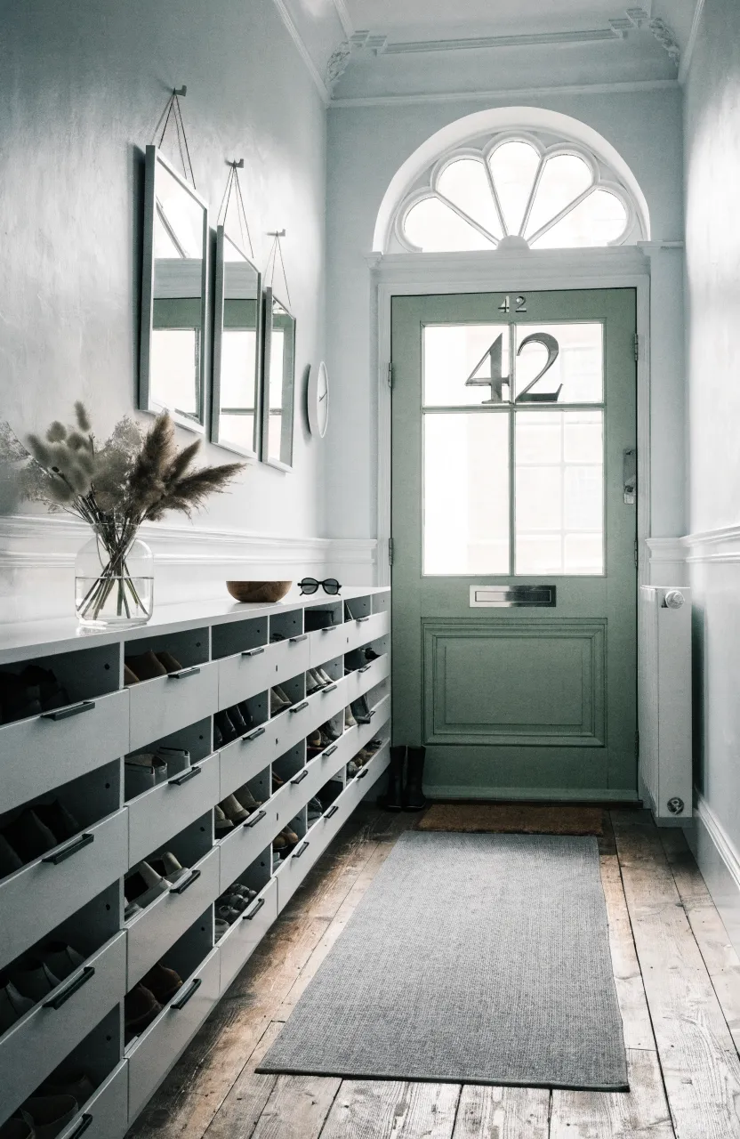 Narrow Victorian-style hallway with slim white shoe storage and a light sage front door.