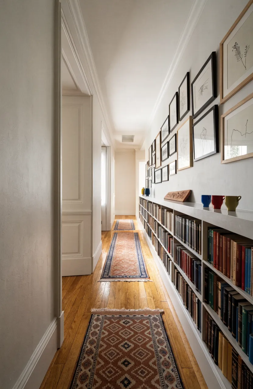 Flat hallway with a low built-in white bookshelf and a salon-style gallery wall.