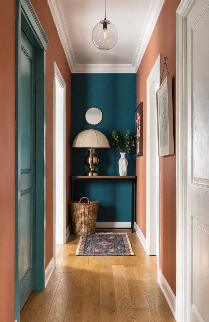 Narrow hallway with terracotta side walls and a deep teal-green accent wall at the end.