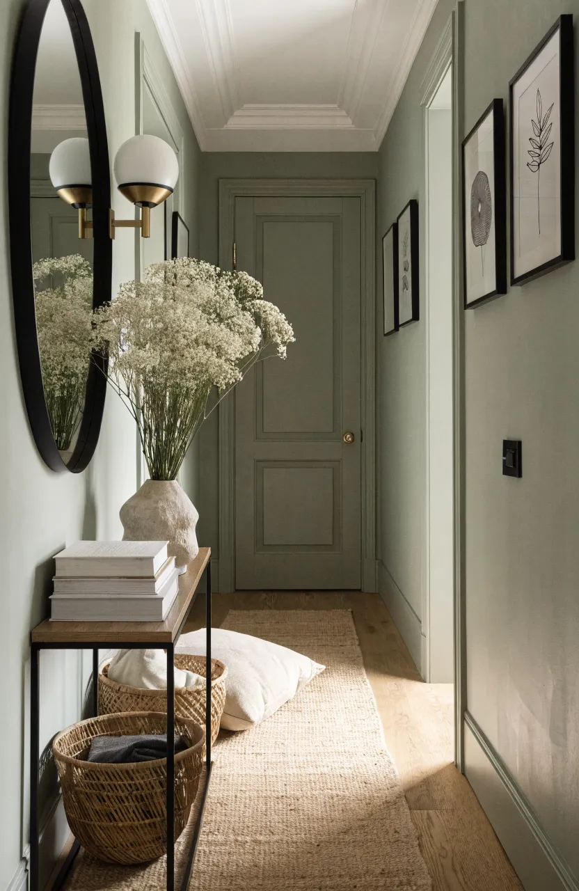 Minimalist green hallway with a jute runner rug and a black-framed oval mirror.