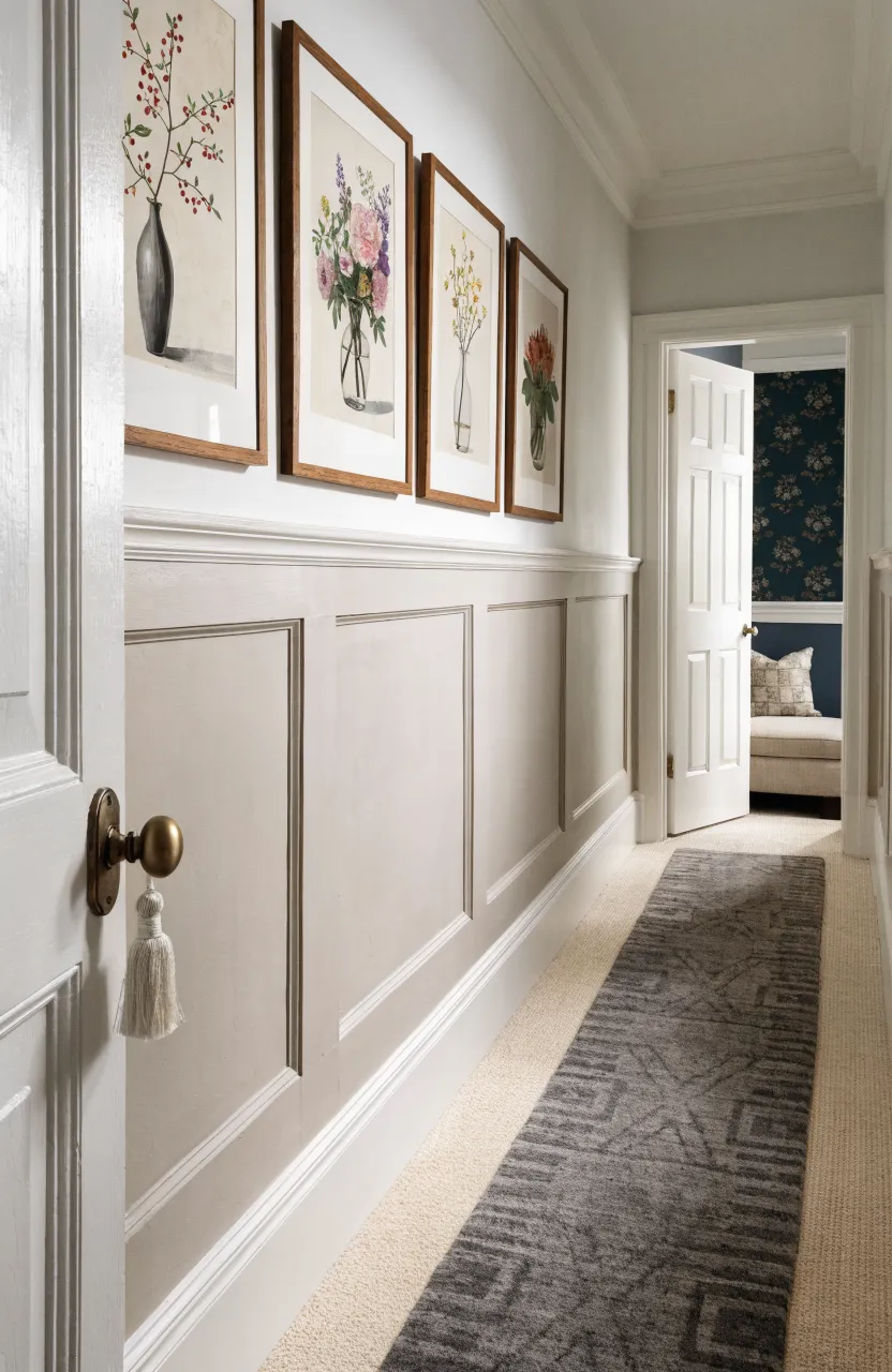 Traditional hallway with grey wood-panel wainscoting and a row of botanical prints.