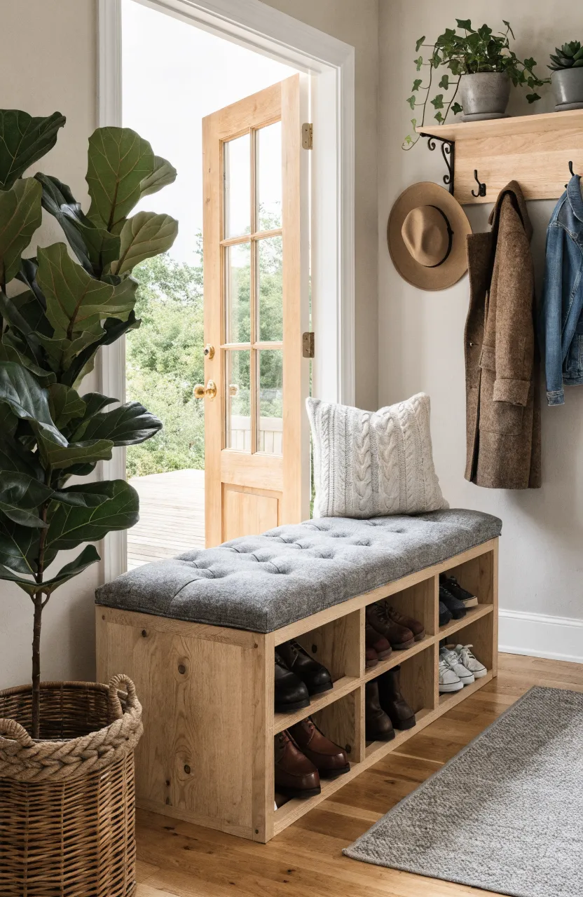 Cozy entryway with a light wood storage bench, grey cushion, and fiddle-leaf fig plant.