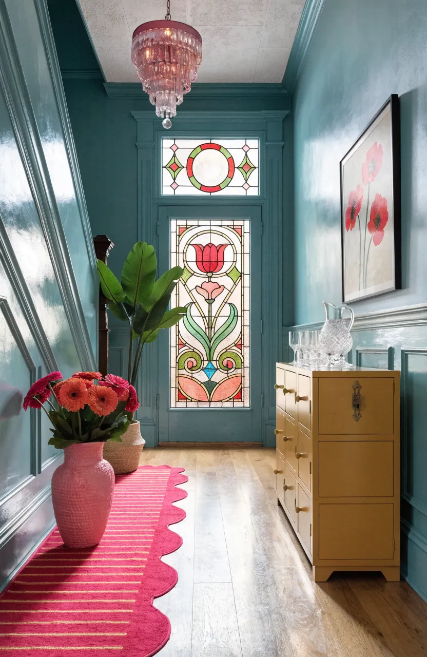 Cheerful maximalist hallway with teal paneling, a mustard locker, and stained glass door.