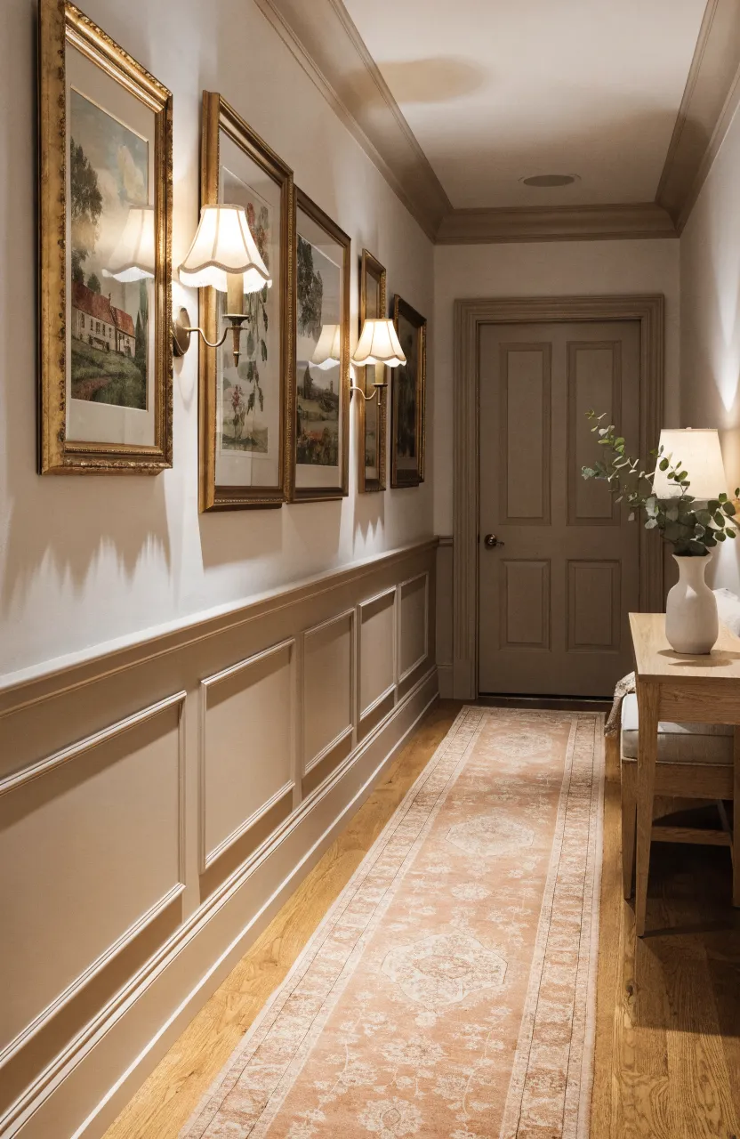 Traditional hallway with mushroom-beige wainscoting and gold-framed landscape art.