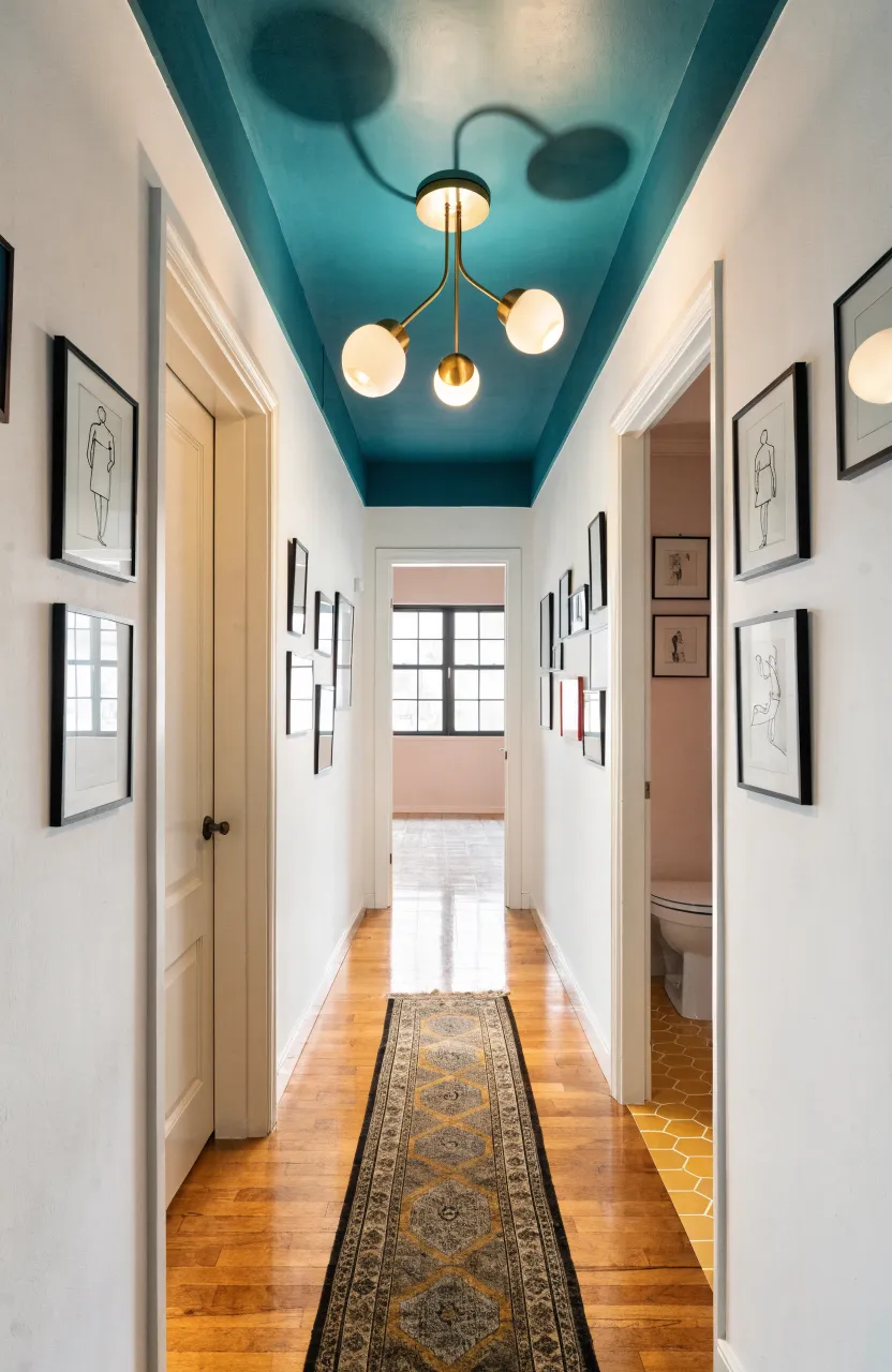 Modern hallway with a teal-painted ceiling, brass sputnik light, and Persian runner.
