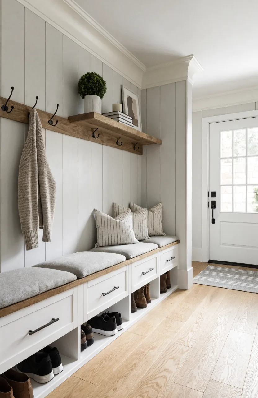 Entryway mudroom nook with light grey vertical shiplap and a built-in bench.