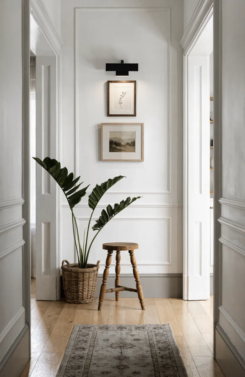 Symmetrical hallway view of a wooden stool, ZZ plant, and stacked botanical art.