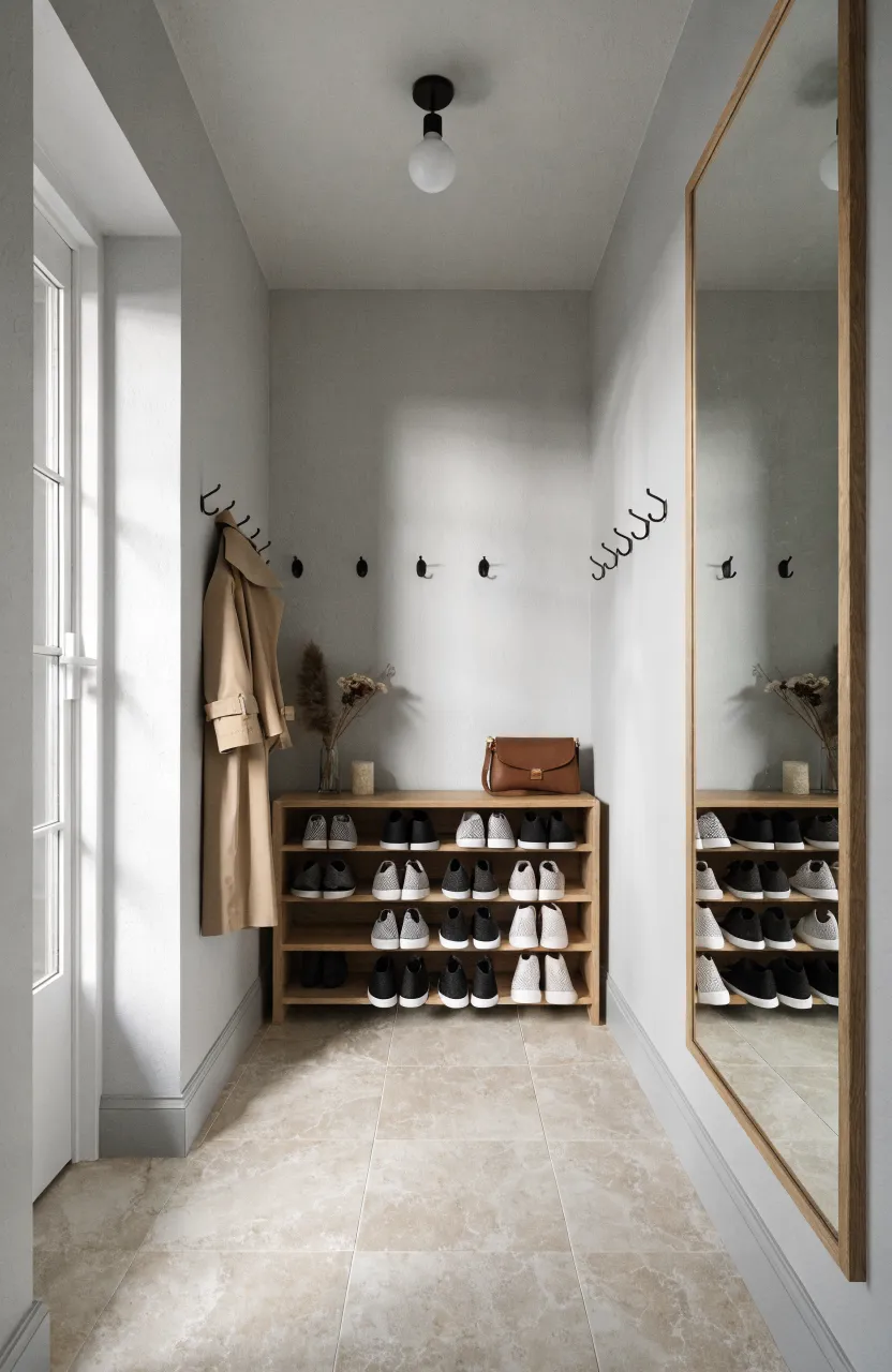 Minimalist entryway with grey walls, integrated shoe rack, and a large mirrored wall.