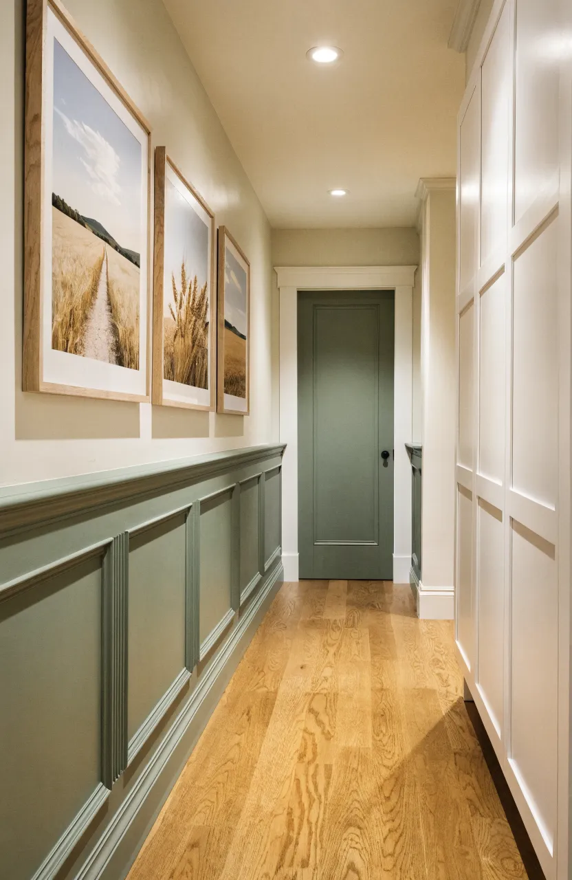 Modern hallway with sage green board and batten wainscoting and hidden white cabinetry.