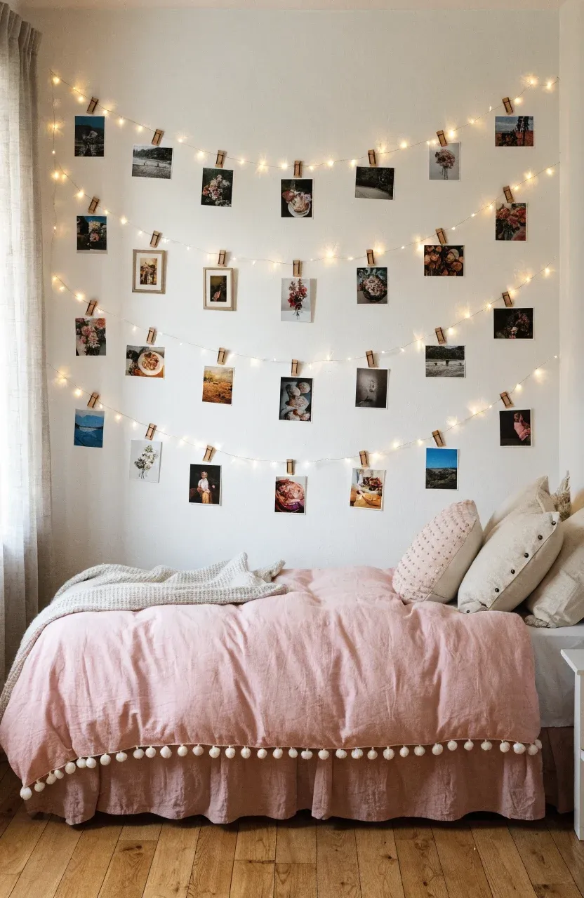 A bedroom wall featuring zigzag fairy lights with photos clipped to them above a pink bed.