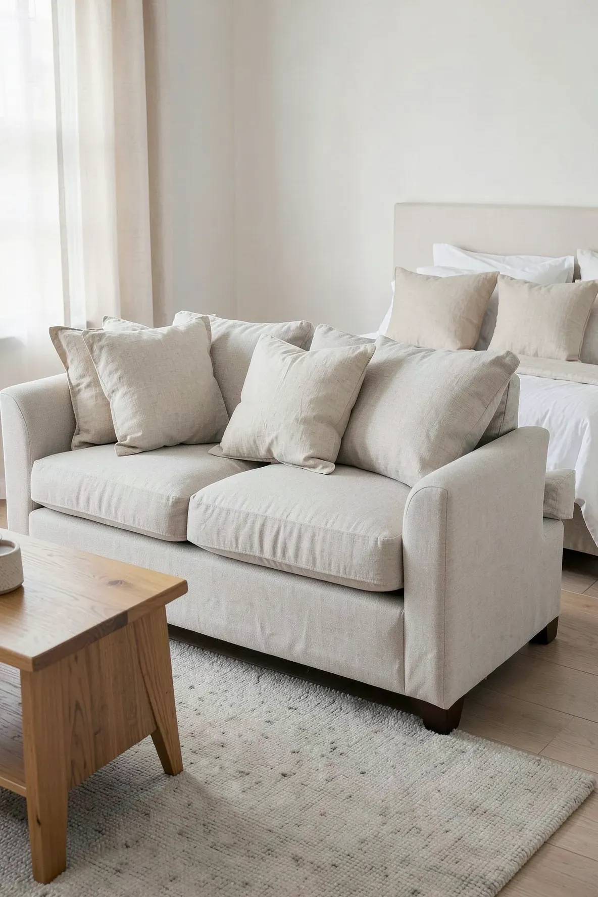 Wide neutral room with linen decorative pillows layered on sofa and bed.