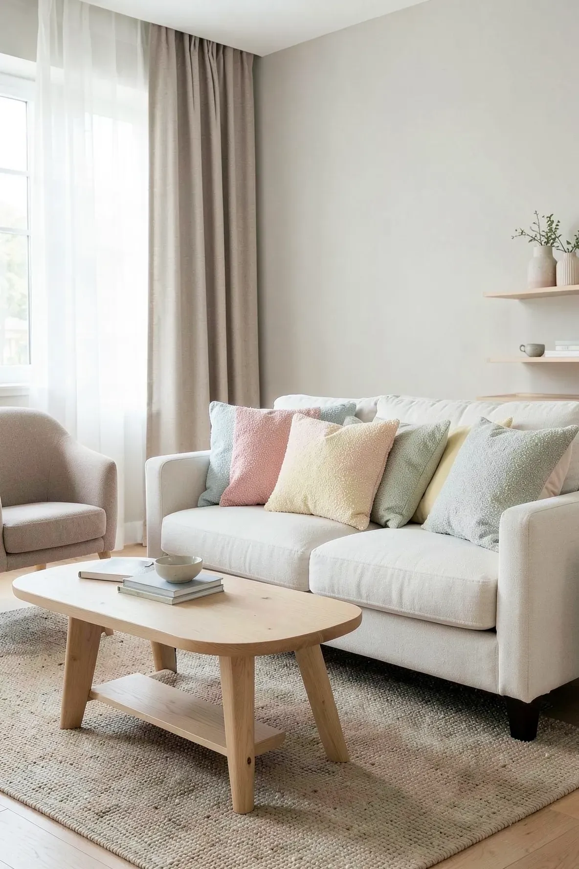 Neutral sofa with soft pastel decorative pillows in a bright relaxed living room.